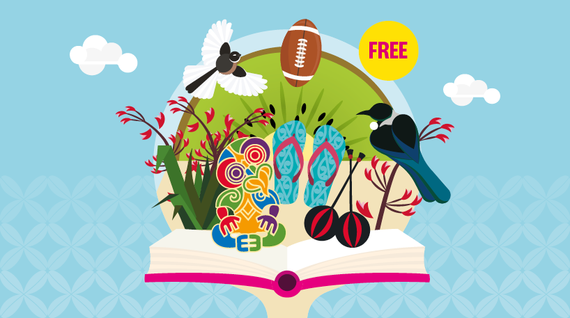 Illustration of Kiwiana icons against a summer blue sky.