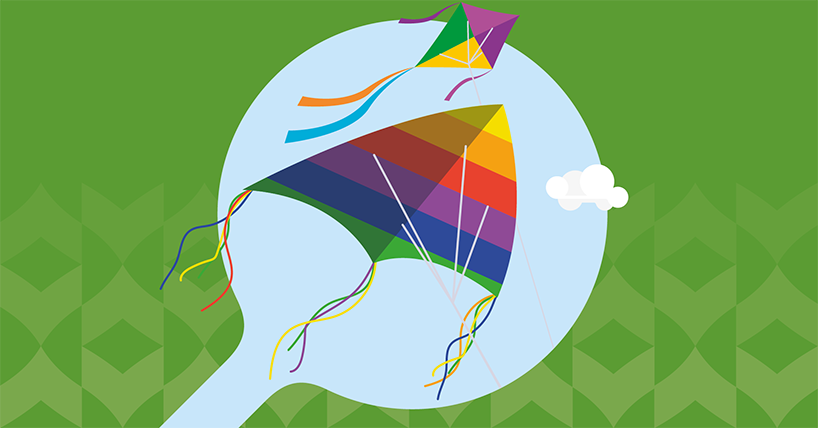 Illustration of colourful kite in the sky against a green background.